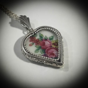 Floral Broken China Pendant, Pink Roses and Leaves, Handcrafted Sterling Silver Custom Setting, Broken China Jewelry, Valentine Gift image 2