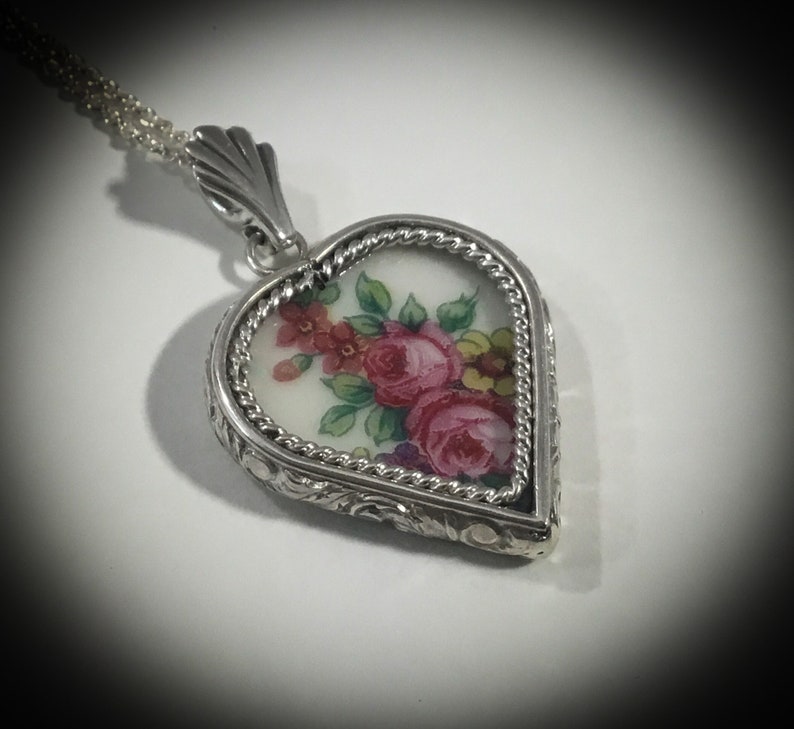 Floral Broken China Pendant, Pink Roses and Leaves, Handcrafted Sterling Silver Custom Setting, Broken China Jewelry, Valentine Gift image 2