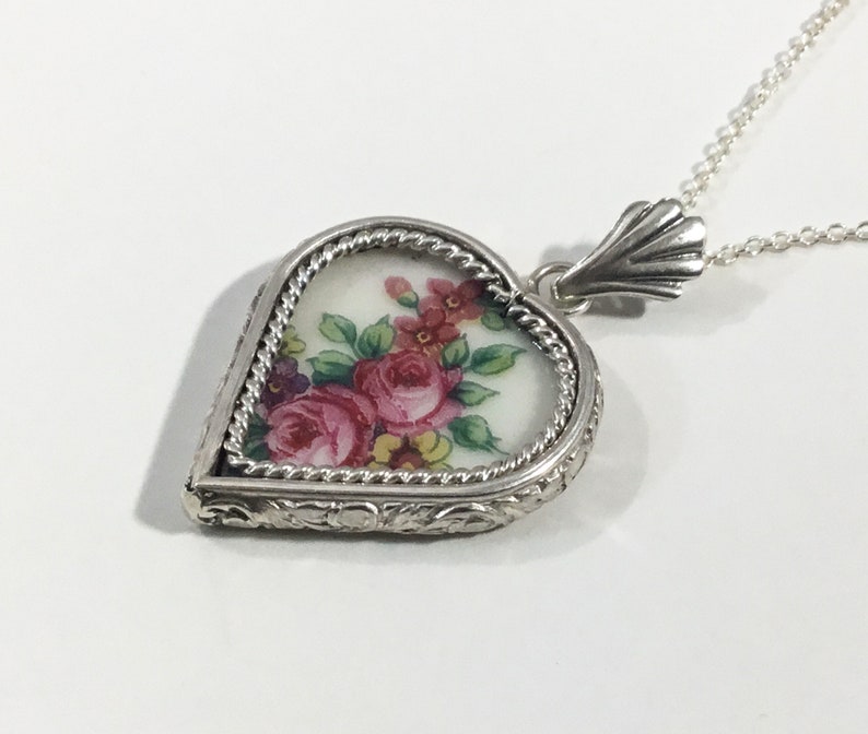 Floral Broken China Pendant, Pink Roses and Leaves, Handcrafted Sterling Silver Custom Setting, Broken China Jewelry, Valentine Gift image 6