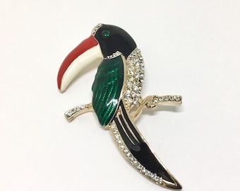 Vintage Enamel Rhinestone Toucan Brooch, Bird Jewelry, Tropical Colorful Bird, Sparkly