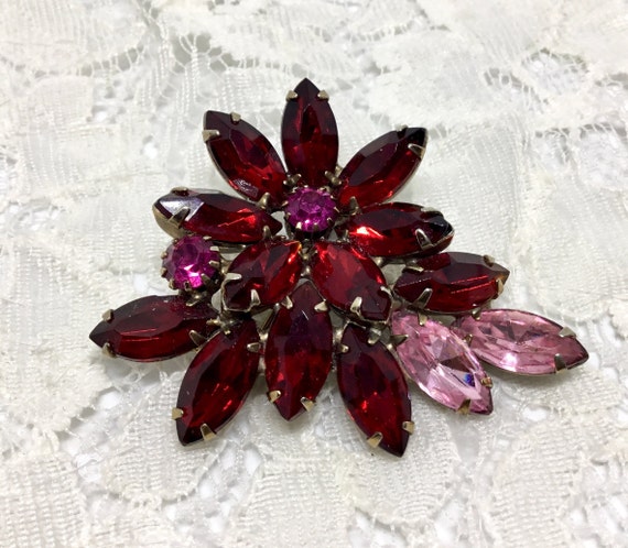 Vintage Flower Rhinestone Brooch, Red and Pink Rh… - image 3