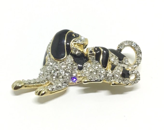 Vintage Rhinestone Dog and Puppy Brooch, Black Enamel, Sparkly Clear Rhinestones, Dog Lovers