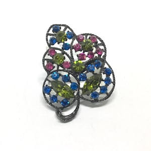 Vintage Rhinestone Brooch, Japanned Setting, Openwork, Floral Design