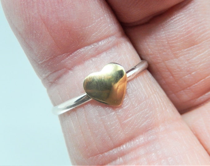 24kt Gold Plated Brass Heart, Sterling Silver Ring, Hand Crafted, Made in USA, Valentines Gift