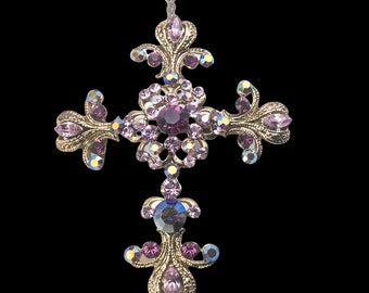 Vintage Kirks Folly Cross, Pendant and Brooch, Purple Crystals, Sparkly Gift