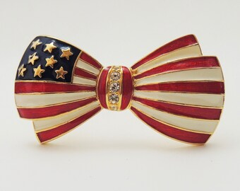 Vintage Joan Rivers USA Flag Bow Brooch, Enamel and Crystals, Stars and Stripes