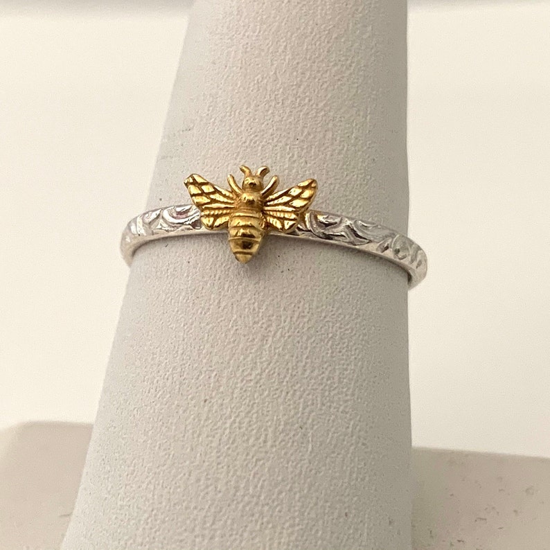 Dainty Honey Bee Ring with 24kt Goldplated Silver Bee, Filigree Band, Handmade USA image 3