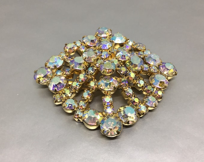 Vintage Aurora Borealis Rhinestone Brooch, Center Layered Flower, Openwork Spokes, Major Sparkle