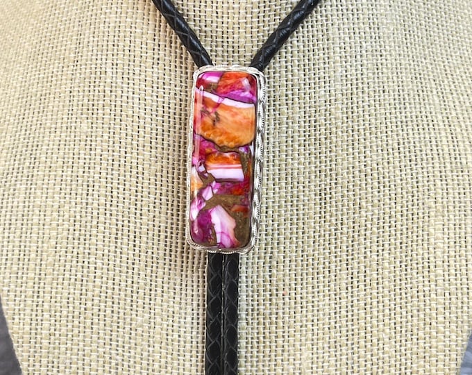 Handmade Turquoise Bolo with Kingman Spiny Oyster Turquoise, 4mm Leather Braid, Handmade 925 Sterling Silver Setting, 42 inch.