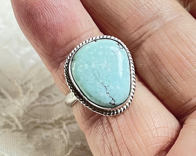 Handmade Natural Turquoise Ring , Southwest Turquoise, 925 Sterling Silver Setting and Band