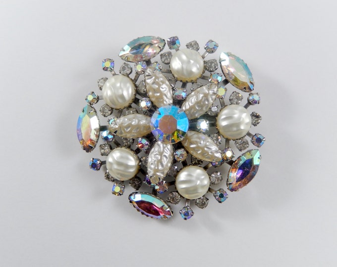 Vintage  Rainbow AB Rhinestone and Faux Baroque Pearl Brooch Pin