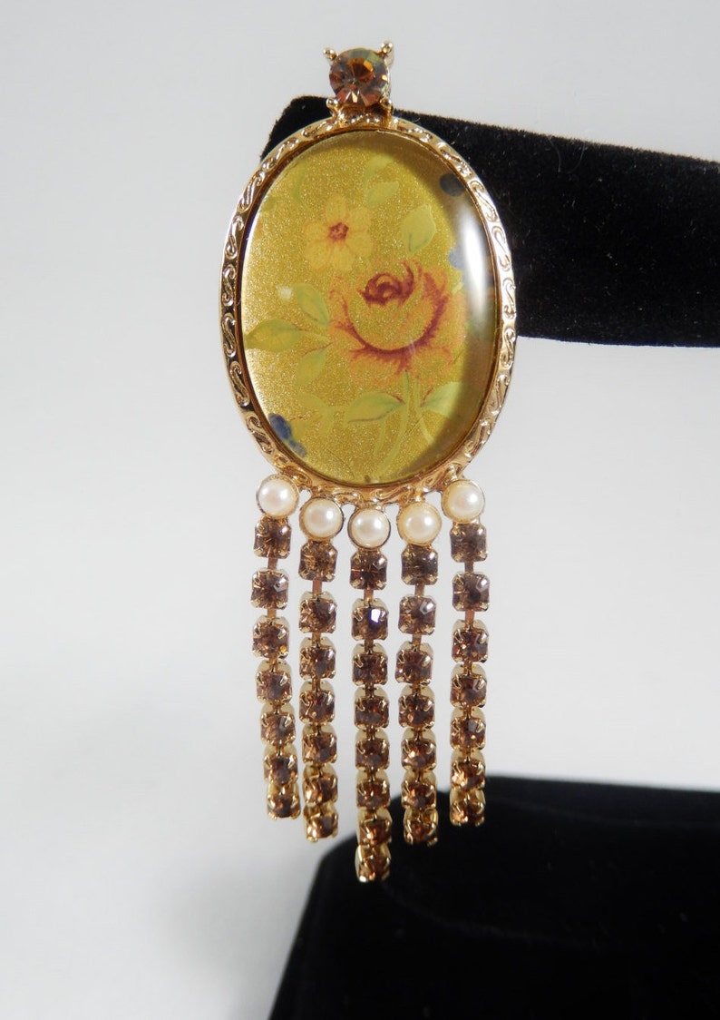 Vintage 1990 Vintage Floral Picture Clip Earrings Picture Under Glass Rhinestone Dangles