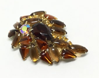 Vintage Amber Rhinestone Brooch: Teardrop & Navette Stones