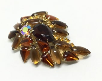 Vintage Rhinestone Brooch, Shades of Amber Colored Rhinestones, Rhinestone Jewelry, Amber AB Rhinestone