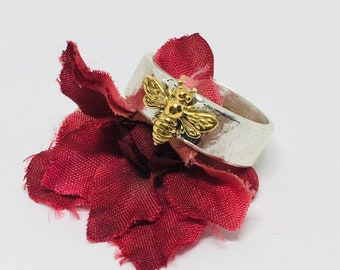 Handmade USA, Honey Bee Wide Band 925 Sterling Ring, Handmade USA, 24kt Gold plate Silver Bee