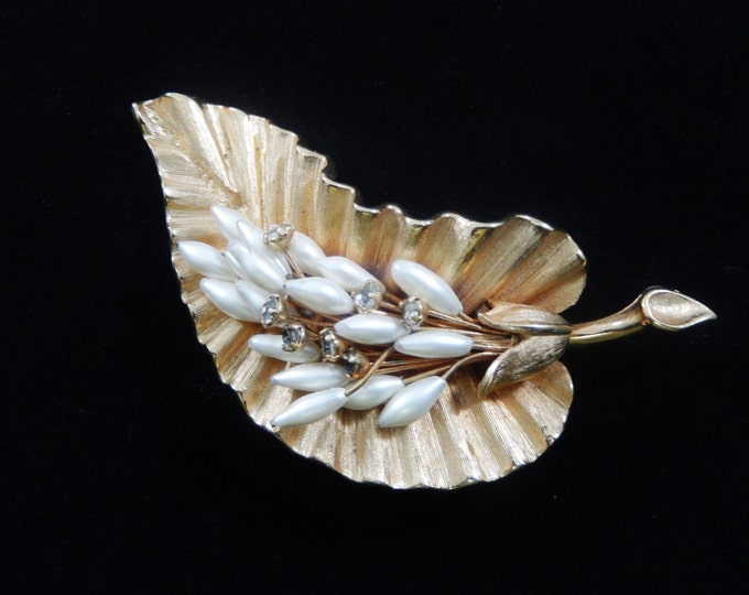 Vintage Faux Pearl Rhinestone Leaf Brooch