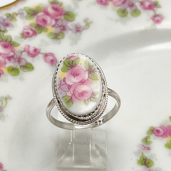 Handmade Broken China Ring from Vintage French Limoges Plate, Sterling Silver Setting, Valentine Gift