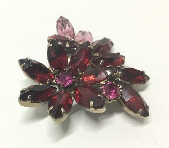 Vintage Flower Rhinestone Brooch, Red and Pink Rh… - image 5