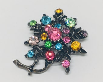 Vintage Multicolor Rhinestone Flower Brooch, Antiqued Brass Setting, Openwork Flower and Leaf Design, Rhinestone Jewelry