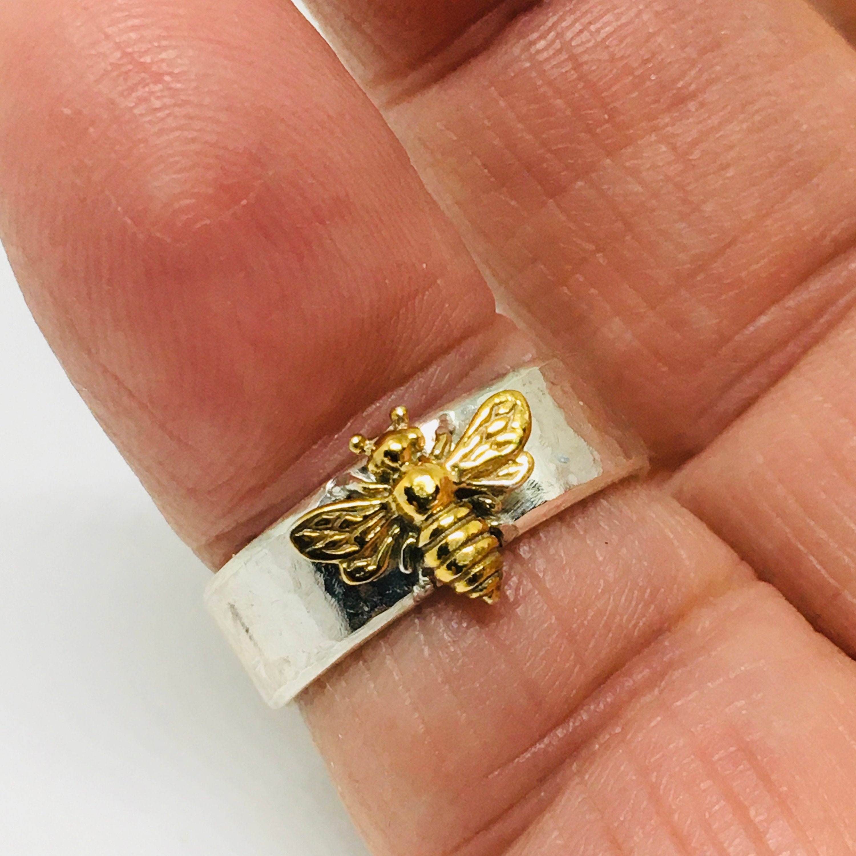 Honey Bee  Wide Band 925 Sterling Ring  Handmade USA 24kt 