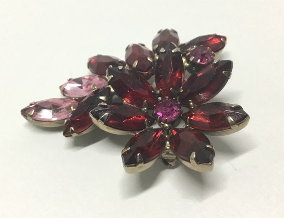 Vintage Flower Rhinestone Brooch, Red and Pink Rh… - image 9