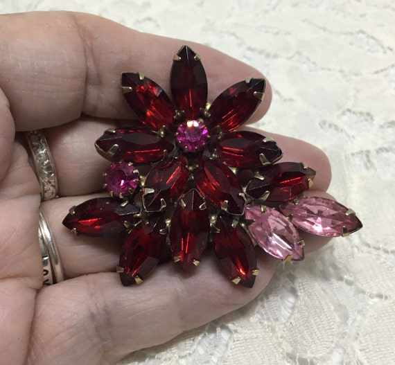 Vintage Flower Rhinestone Brooch, Red and Pink Rh… - image 4