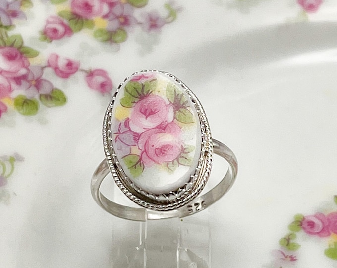 Handmade Sterling Silver Ring: Vintage French Limoges China, Floral Cabochon