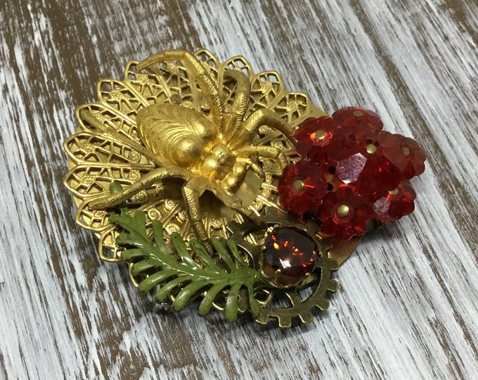 Handcrafted Spider Brooch/Vintage Earring/Rhinestone/Fern/Brass Spider/Unique Brooch/Artisan Created/Handmade Jewelry/Brass Brooch