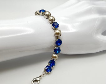 Handcrafted Blue Swarovski Crystal Bracelet: Silver Tone Faux Pearl Rhinestone Jewelry
