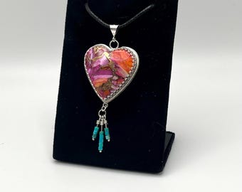 Handmade Turquoise Heart Pendant, Spiny Oyster, Heshi Beads, Sterling Silver