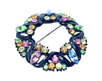 Vintage Unique Black Enamel Wreath, Multicolor Rhinestones