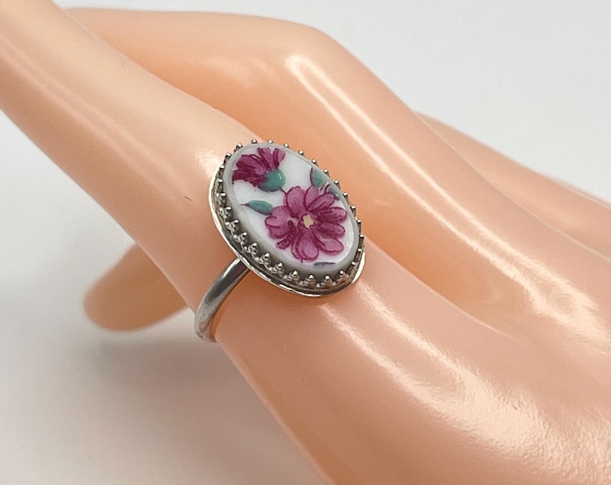 Handmade USA Broken China Ring , 925 Sterling Silver, Vintage Plate