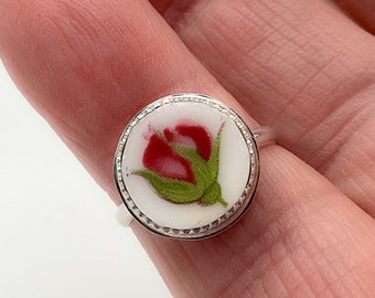 Broken China Ring, 925 Sterling Silver, Old Country Rose Pattern, Made in USA