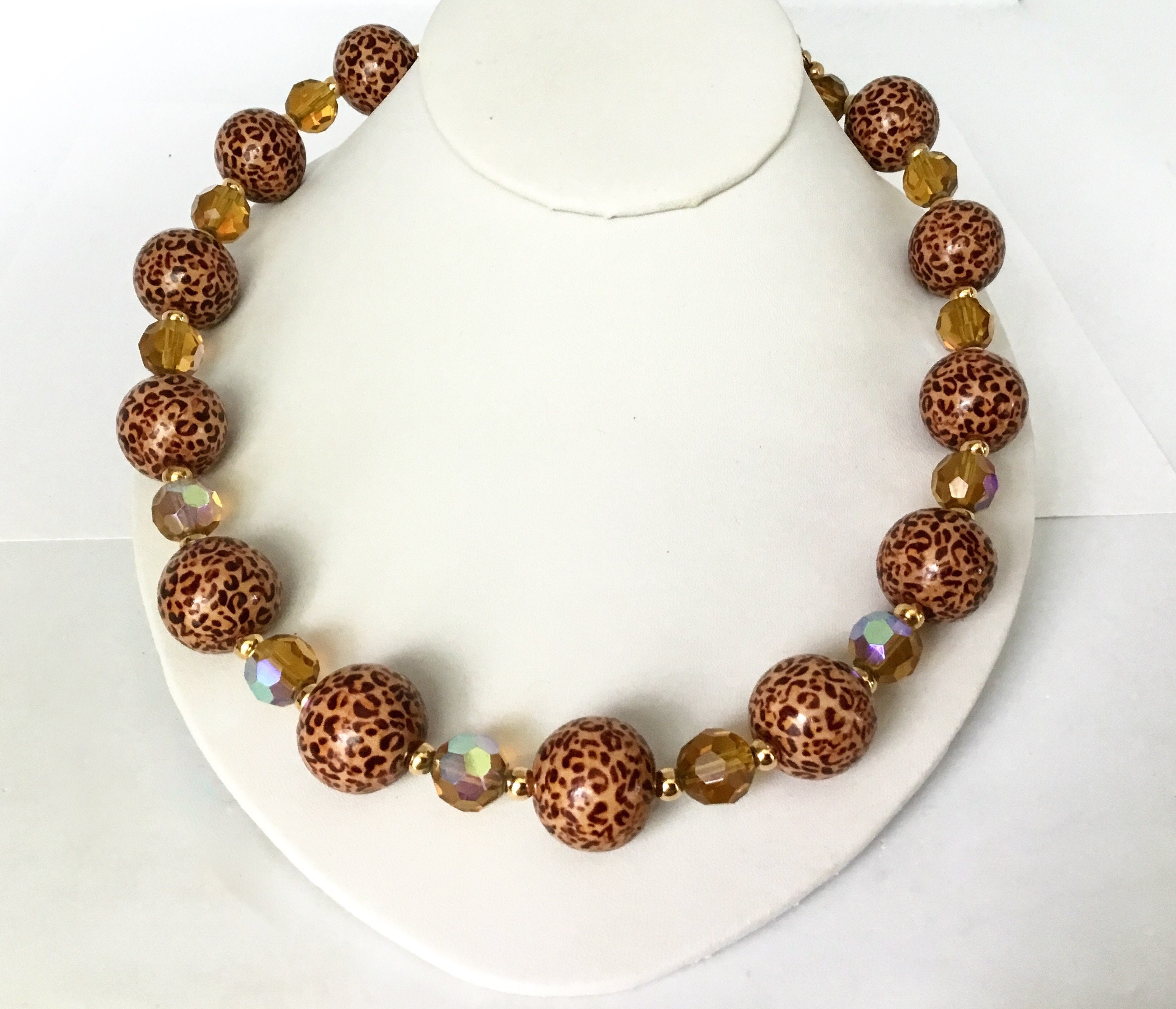 Vintage Joan Rivers Leopard Bead Necklace and Bracelet, Classic