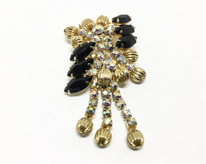 Vintage Rhinestone Dangle Brooch: AB & Black Rhinestones, Goldtone Beads