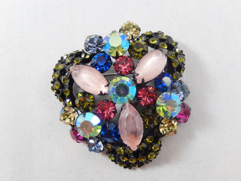 Vintage Japanned Flower Brooch With Abs Multicolor Glass Etsy