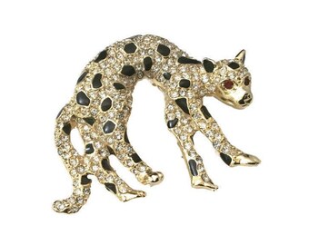 Vintage Rhinestone and Enamel Leopard Brooch