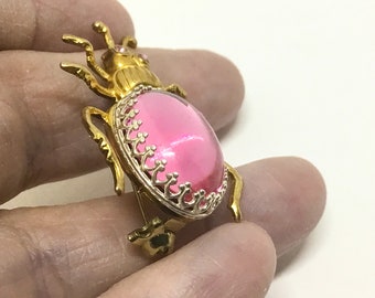 Handmade USA Steampunk Bug Brooch, Vintage Pink European Crystal Body
