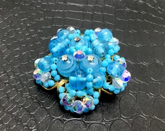 Vintage Wired Caribbean Blue Spun Glass and AB Crystal Beads Brooch Pin