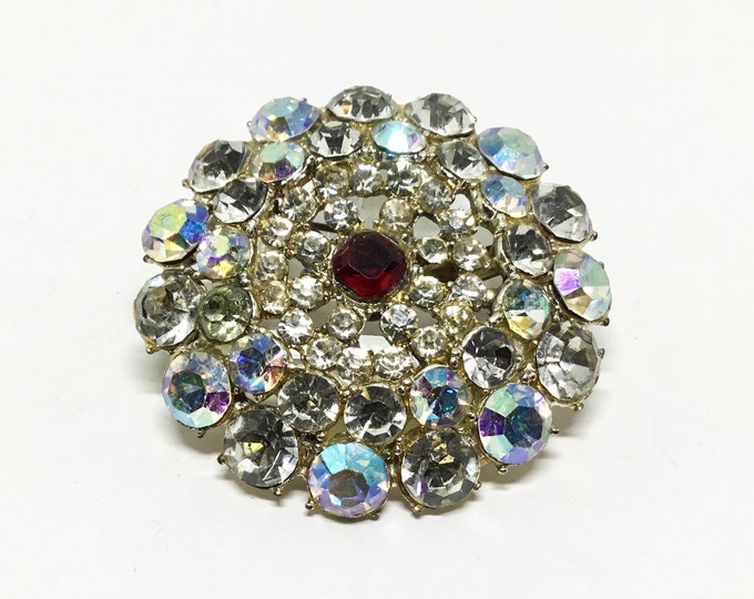 Vintage Rhinestone Round Brooch, Openwork, AB and Clear Rhinestones, Red Rhinestone Center,  Sparkly Rhinestones