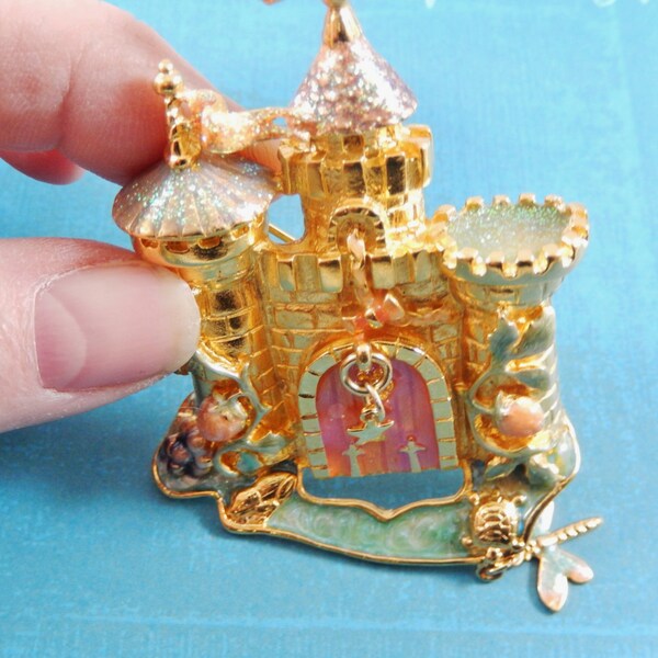 Vintage Kirks Folly Enamel Fairy Castle  Dragonfly Dangle Moat Opens Brooch pin
