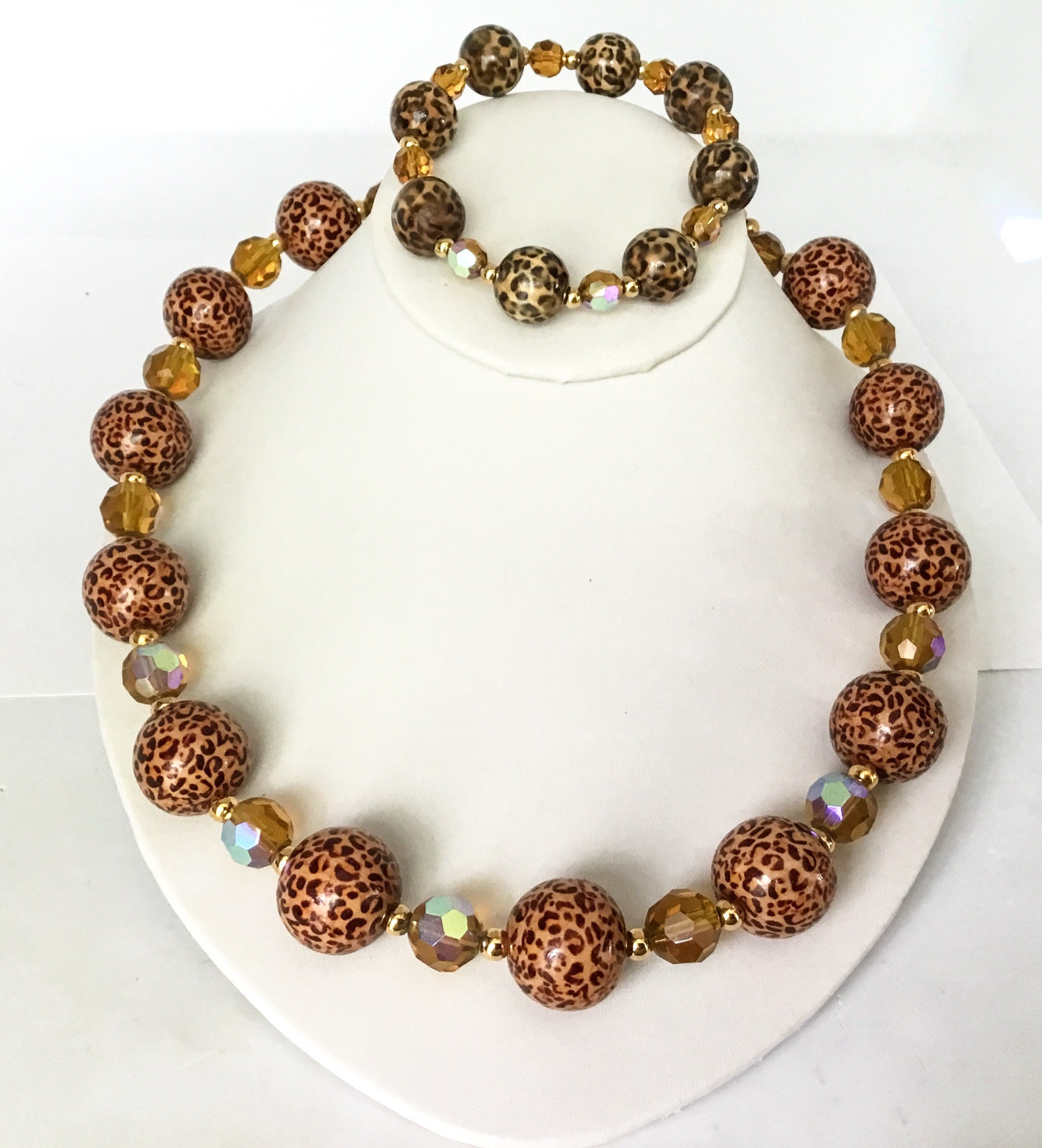 Vintage Joan Rivers Leopard Bead Necklace and Bracelet, Classic