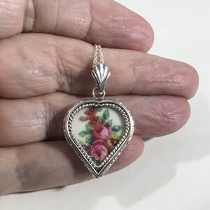 Floral Broken China Pendant, Pink Roses and Leaves, Handcrafted Sterling Silver Custom Setting, Broken China Jewelry, Valentine Gift image 5