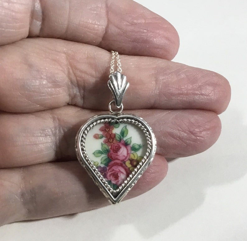 Floral Broken China Pendant, Pink Roses and Leaves, Handcrafted Sterling Silver Custom Setting, Broken China Jewelry, Valentine Gift image 5