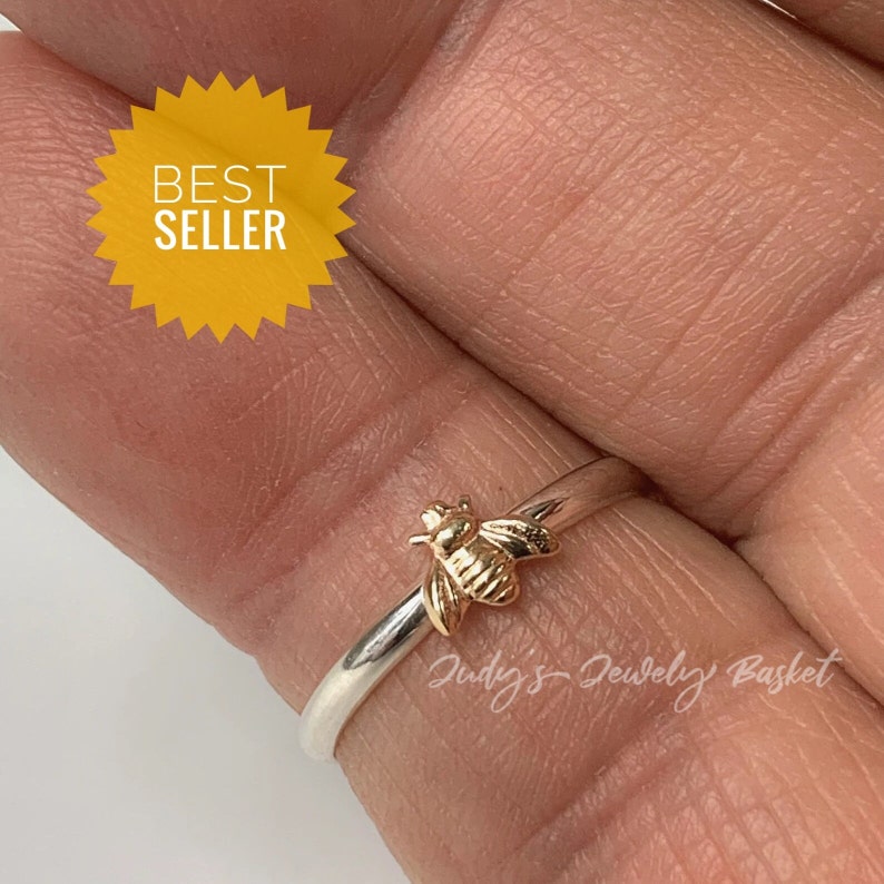Made in USA, Tiny Bee, 14kt Gold Filled Bee, 925 Sterling Silver Band, Bee Ring, 
