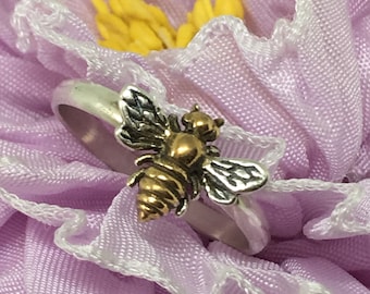 Handmade USA Bee Ring, 24kt Gold Plate, Honey Bee, Sterling Silver