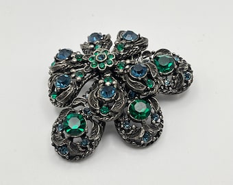 Signed Vintage Selini Brooch, Blue and Green Rhinestones