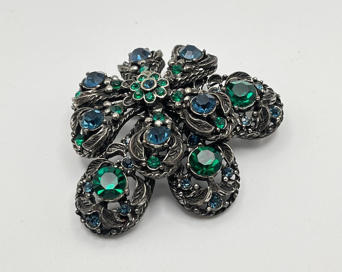 Signed Vintage Selini Brooch, Blue and Green Rhinestones