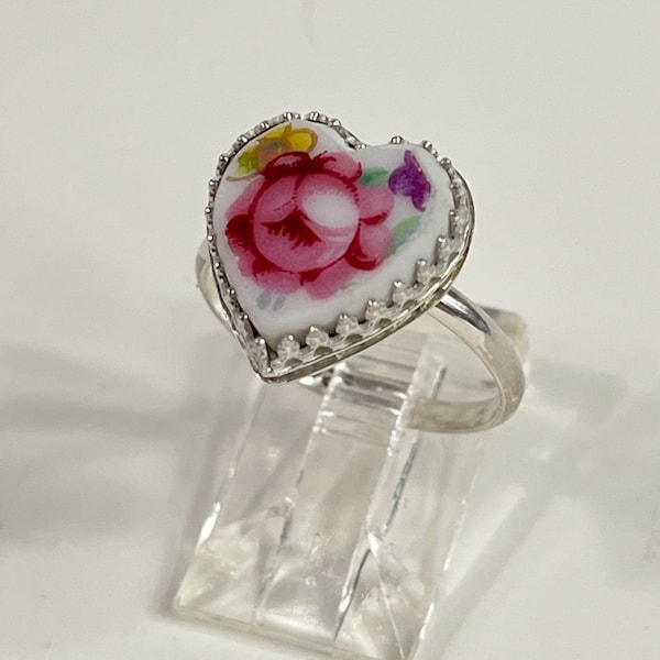 Dainty Handmade Broken China Heart Ring, Sterling Silver, Valentine Gift