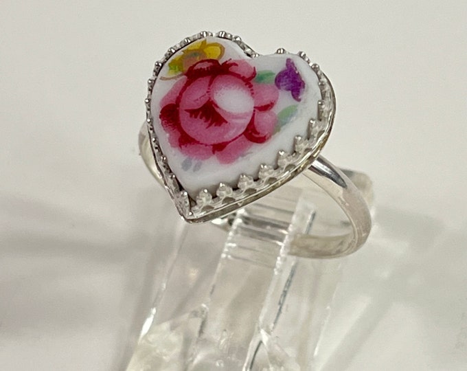 Dainty Handmade Broken China Heart Ring, Sterling Silver, Valentine Gift